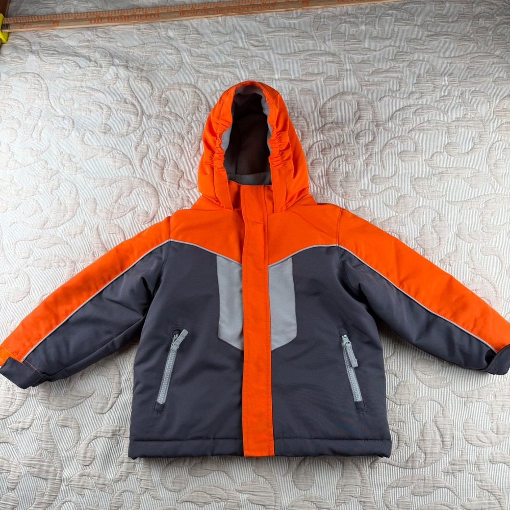 Wonderkids Boys Orange Gray Hooded Winter Puffer Jacket Size 3T Reflective Trim